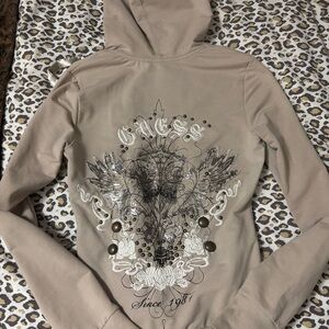 Guess Tan Embellished Zip Up Sweater/ Hoodie